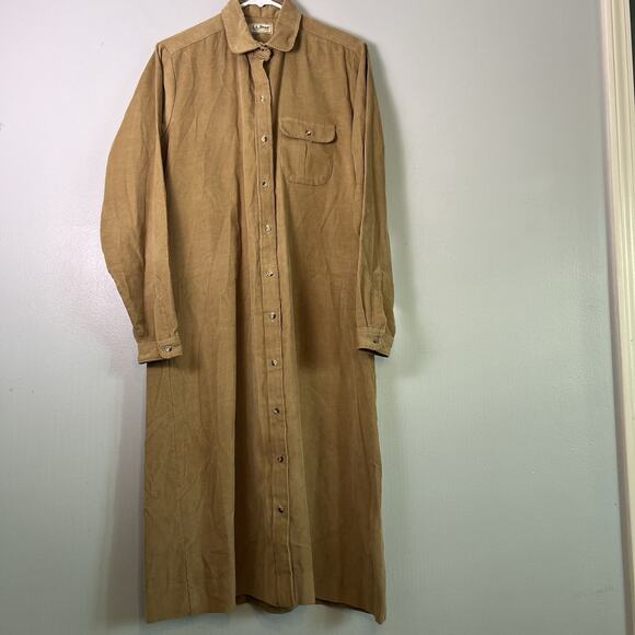 L.L. Bean Dresses & Skirts - VTG LL Bean Corduroy Button Front Shirt Dress Womens Khaki Midi Pocket Size 16